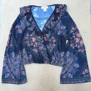 Flying Tomato Blouse Size L Black Ruffle Front Bell Sleeve Long Sleeve Crop Top